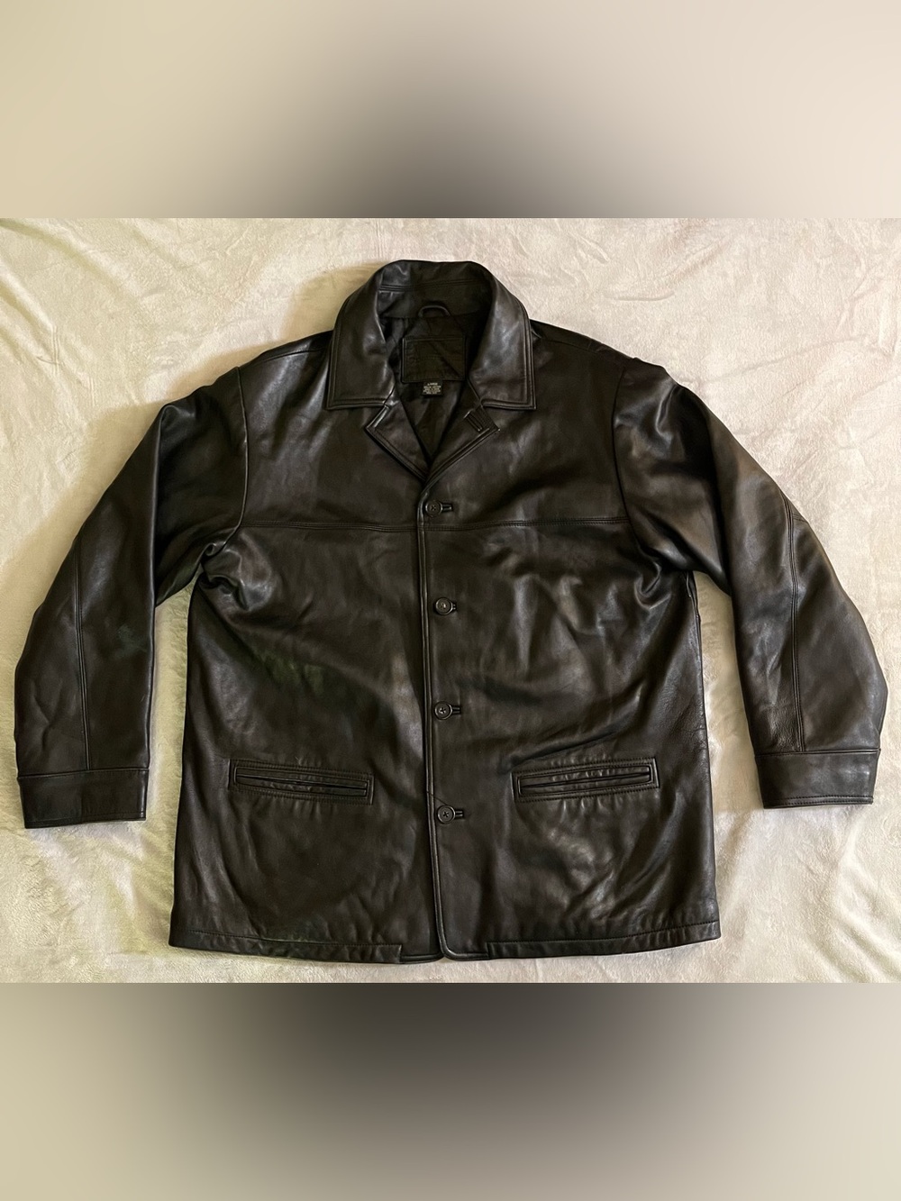Knightsbridge Black Leather Jacket Car Coat Mens Size Large Quilted Insulated